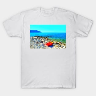 Scene in Spiaggia delle Terrazze with a boat on a rocky beach T-Shirt